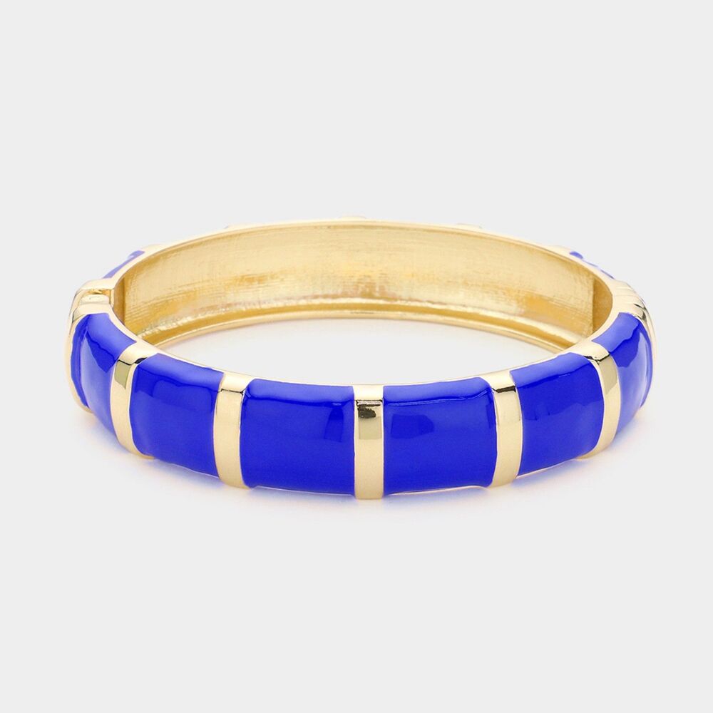 Blue Gold Striped Bamboo Style Bangle Bracelet Jewelry Hinged